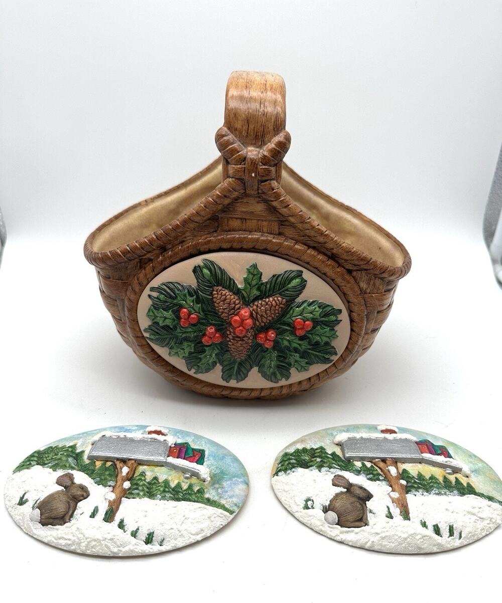 Rare Vintage Collectible Handcrafted Realistic Ceramic Basket in Christmas Motif